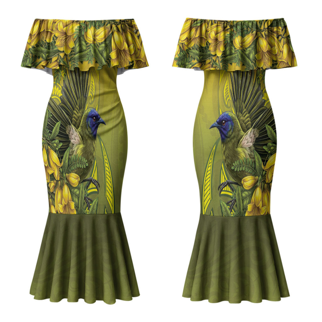 New Zealand Bellbird Couples Matching Mermaid Dress and Hawaiian Shirt With Kowhai Flowers