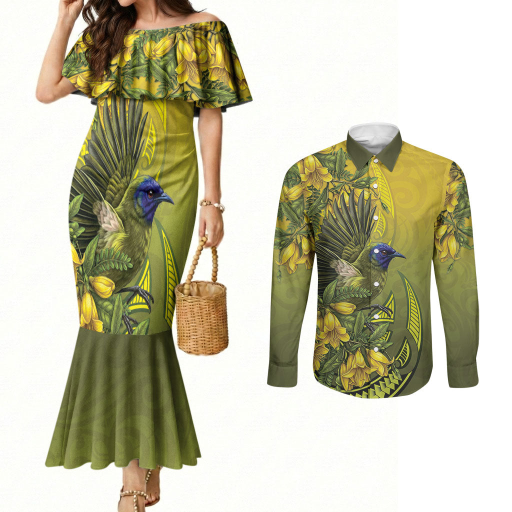 New Zealand Bellbird Couples Matching Mermaid Dress and Long Sleeve Button Shirt With Kowhai Flowers