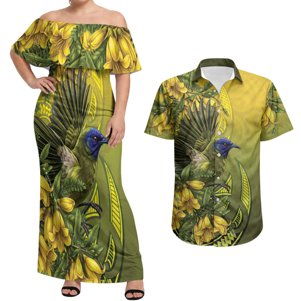 New Zealand Bellbird Couples Matching Off Shoulder Maxi Dress and Hawaiian Shirt With Kowhai Flowers