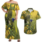 New Zealand Bellbird Couples Matching Off Shoulder Maxi Dress and Hawaiian Shirt With Kowhai Flowers