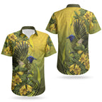 New Zealand Bellbird Couples Matching Off Shoulder Maxi Dress and Hawaiian Shirt With Kowhai Flowers