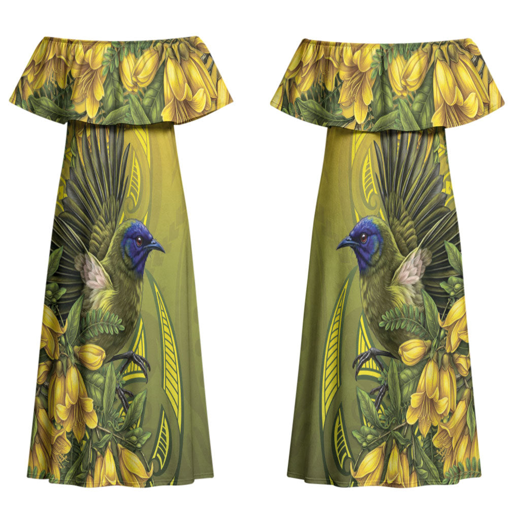 New Zealand Bellbird Couples Matching Off Shoulder Maxi Dress and Hawaiian Shirt With Kowhai Flowers