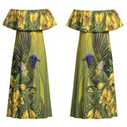 New Zealand Bellbird Couples Matching Off Shoulder Maxi Dress and Hawaiian Shirt With Kowhai Flowers