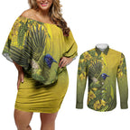 New Zealand Bellbird Couples Matching Off Shoulder Short Dress and Long Sleeve Button Shirt With Kowhai Flowers