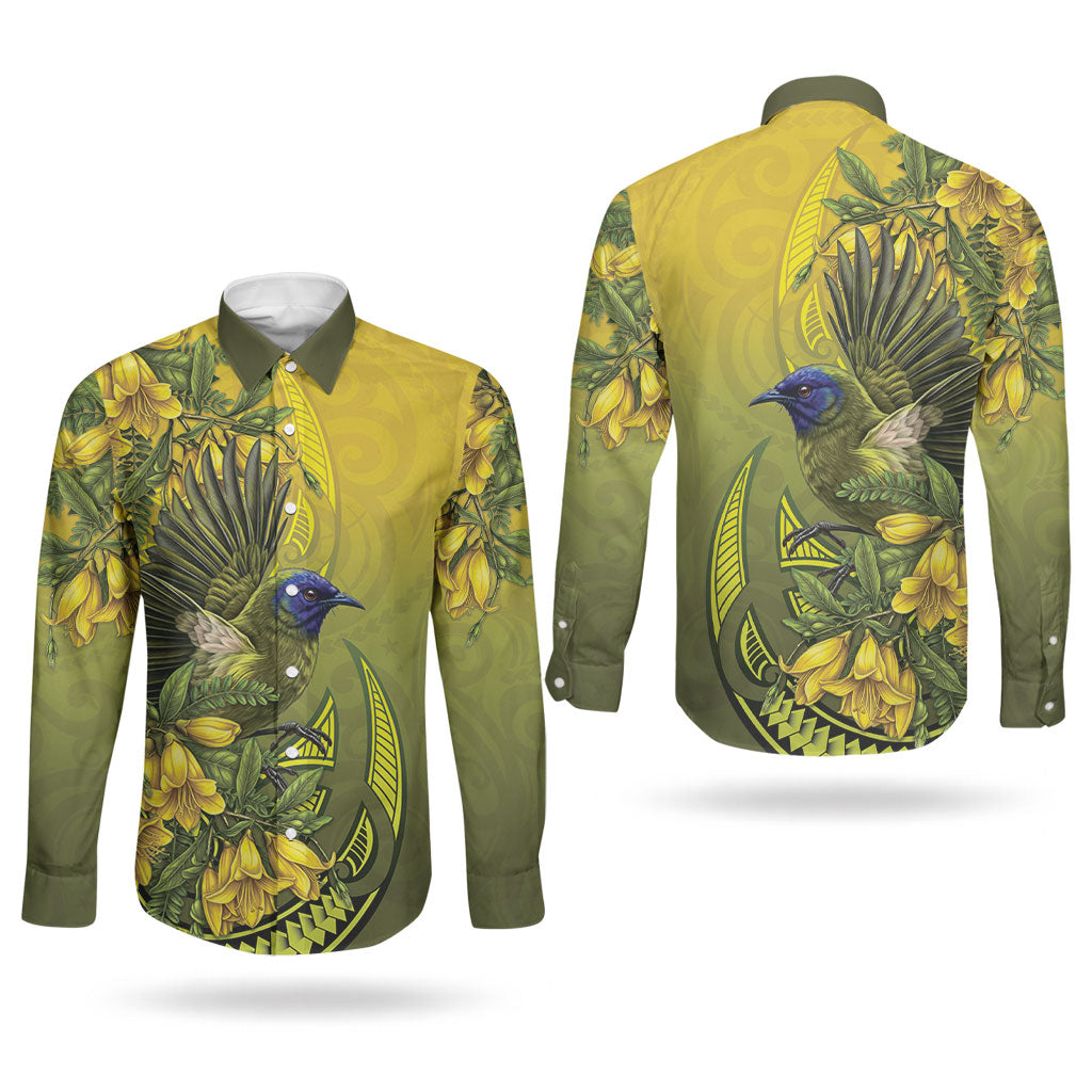 New Zealand Bellbird Couples Matching Off Shoulder Short Dress and Long Sleeve Button Shirt With Kowhai Flowers