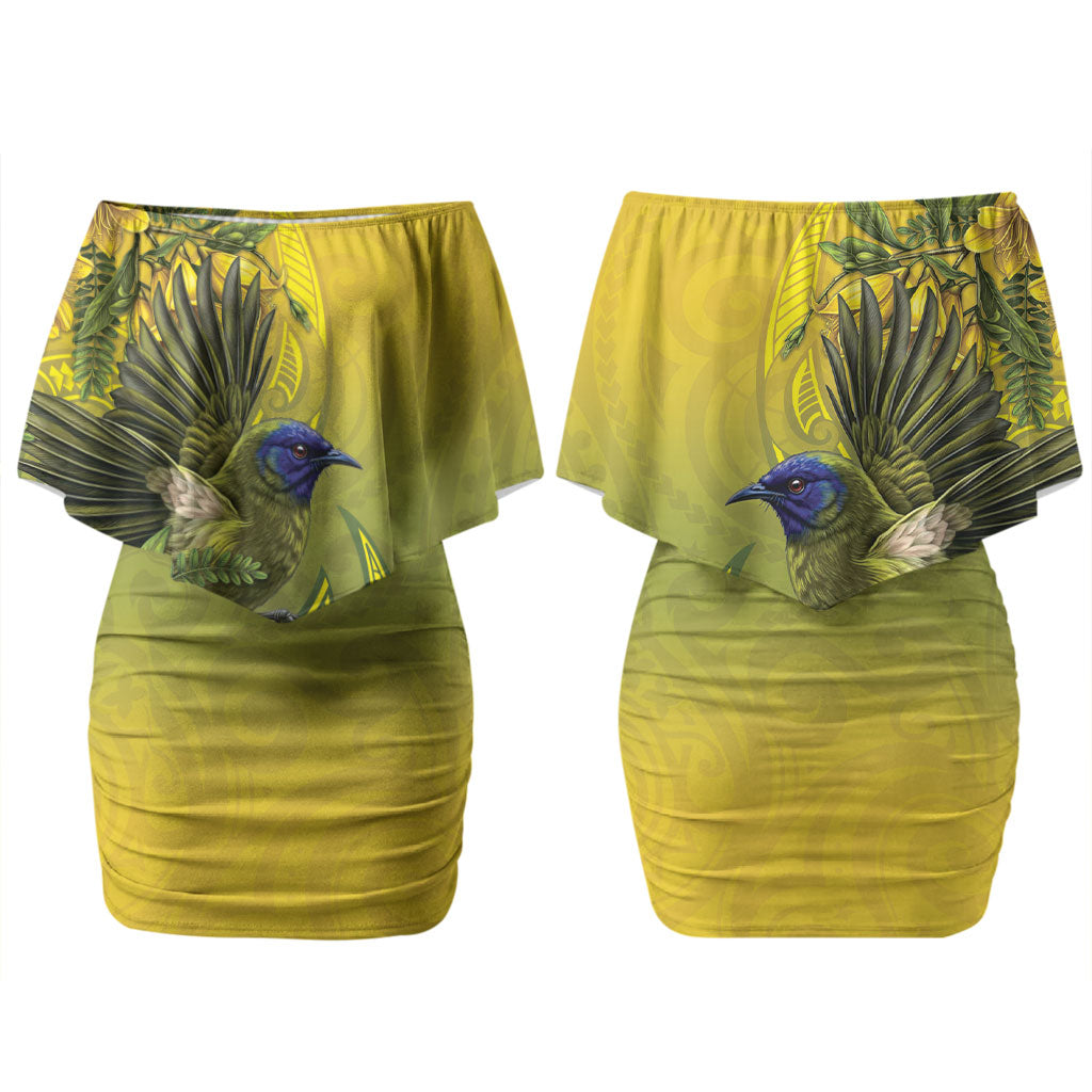 New Zealand Bellbird Couples Matching Off Shoulder Short Dress and Long Sleeve Button Shirt With Kowhai Flowers