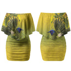 New Zealand Bellbird Couples Matching Off Shoulder Short Dress and Long Sleeve Button Shirt With Kowhai Flowers