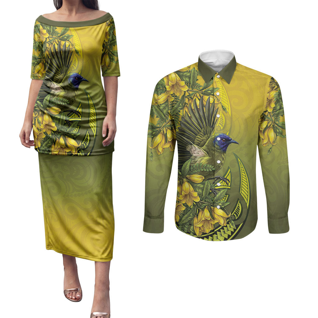 New Zealand Bellbird Couples Matching Puletasi and Long Sleeve Button Shirt With Kowhai Flowers