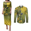 New Zealand Bellbird Couples Matching Puletasi and Long Sleeve Button Shirt With Kowhai Flowers