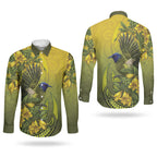 New Zealand Bellbird Couples Matching Puletasi and Long Sleeve Button Shirt With Kowhai Flowers