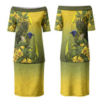New Zealand Bellbird Couples Matching Puletasi and Long Sleeve Button Shirt With Kowhai Flowers