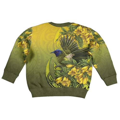 New Zealand Bellbird Kid Ugly Christmas Sweater With Kowhai Flowers