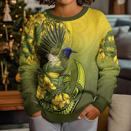 New Zealand Bellbird Kid Ugly Christmas Sweater With Kowhai Flowers