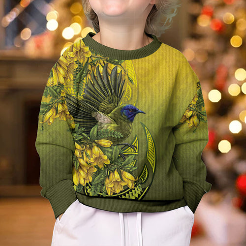 New Zealand Bellbird Kid Ugly Christmas Sweater With Kowhai Flowers