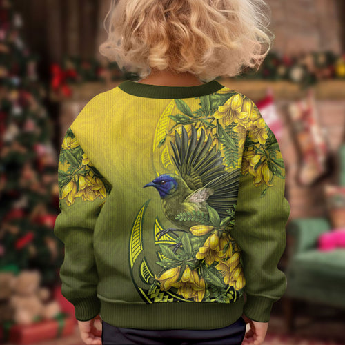 New Zealand Bellbird Kid Ugly Christmas Sweater With Kowhai Flowers