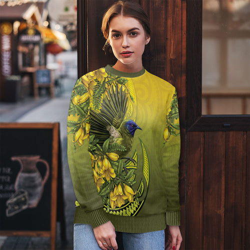 New Zealand Bellbird Ugly Christmas Sweater With Kowhai Flowers