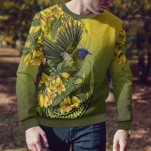 New Zealand Bellbird Ugly Christmas Sweater With Kowhai Flowers
