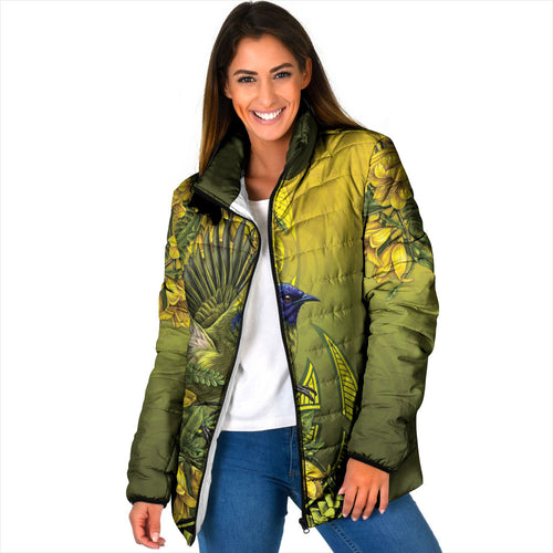 New Zealand Bellbird Padded Jacket With Kowhai Flowers