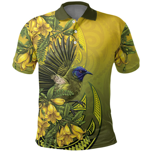 New Zealand Bellbird Polo Shirt With Kowhai Flowers