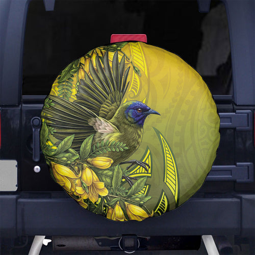 New Zealand Bellbird Spare Tire Cover With Kowhai Flowers
