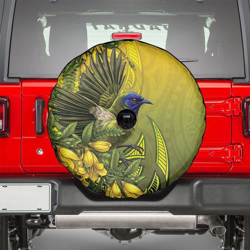 New Zealand Bellbird Spare Tire Cover With Kowhai Flowers