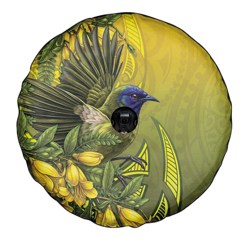 New Zealand Bellbird Spare Tire Cover With Kowhai Flowers