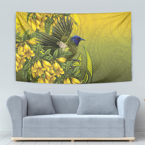 New Zealand Bellbird Tapestry With Kowhai Flowers