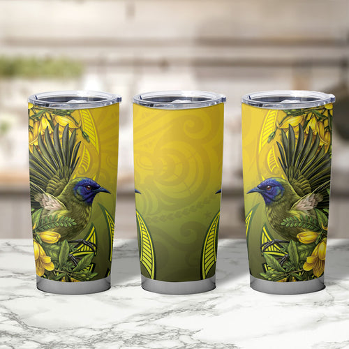 New Zealand Bellbird Tumbler Cup With Kowhai Flowers