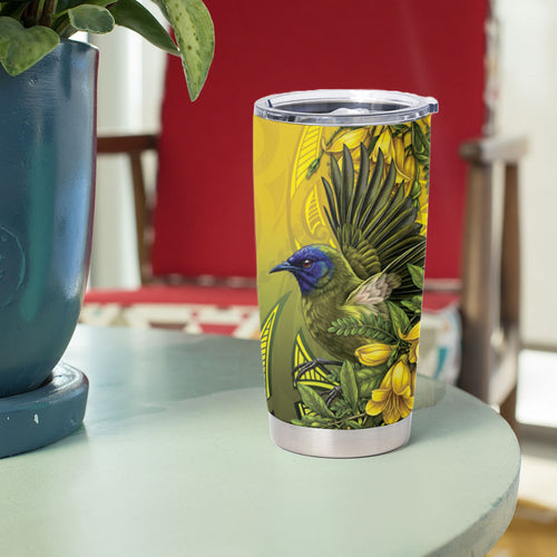New Zealand Bellbird Tumbler Cup With Kowhai Flowers