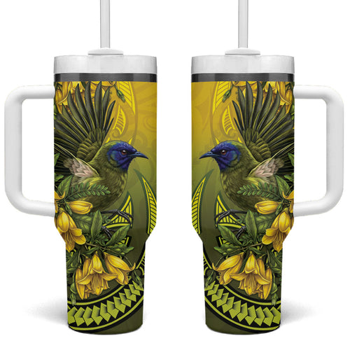 New Zealand Bellbird Tumbler With Handle With Kowhai Flowers
