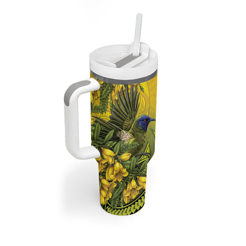 New Zealand Bellbird Tumbler With Handle With Kowhai Flowers