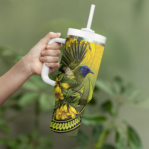 New Zealand Bellbird Tumbler With Handle With Kowhai Flowers