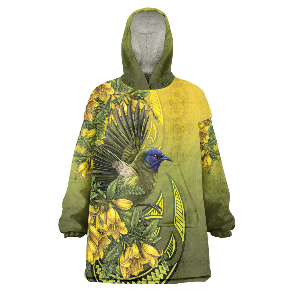 New Zealand Bellbird Wearable Blanket Hoodie With Kowhai Flowers