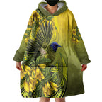 New Zealand Bellbird Wearable Blanket Hoodie With Kowhai Flowers