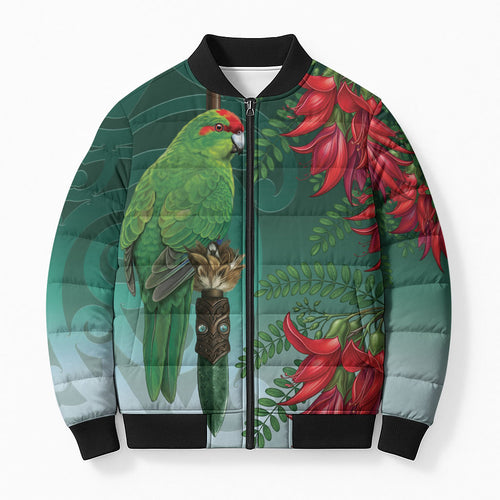 New Zealand Parakeet Bird Bomber Puffer Jacket With Kakabeak Flowers