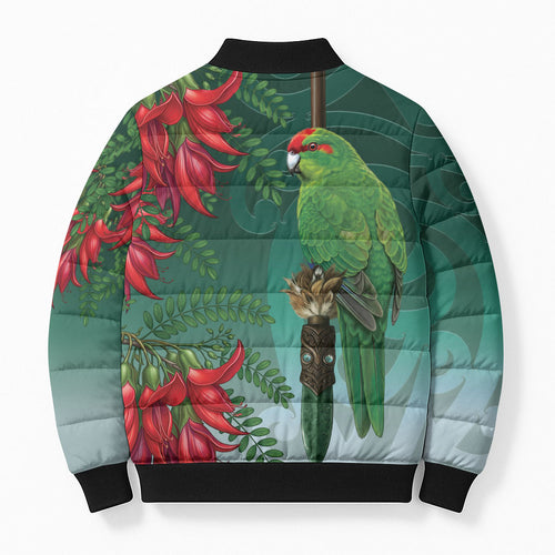 New Zealand Parakeet Bird Bomber Puffer Jacket With Kakabeak Flowers