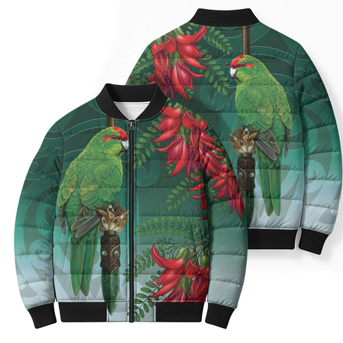 New Zealand Parakeet Bird Bomber Puffer Jacket With Kakabeak Flowers