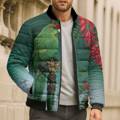 New Zealand Parakeet Bird Bomber Puffer Jacket With Kakabeak Flowers
