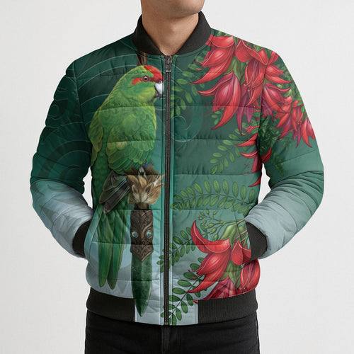 New Zealand Parakeet Bird Bomber Puffer Jacket With Kakabeak Flowers