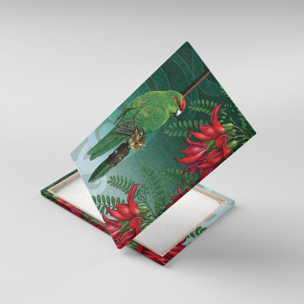 New Zealand Parakeet Bird Canvas Wall Art With Kakabeak Flowers