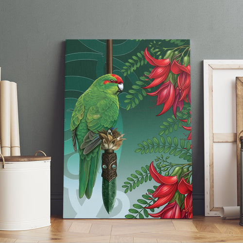 New Zealand Parakeet Bird Canvas Wall Art With Kakabeak Flowers