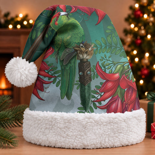 New Zealand Parakeet Bird Christmas Santa Hat With Kakabeak Flowers