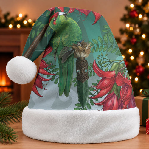 New Zealand Parakeet Bird Christmas Santa Hat With Kakabeak Flowers