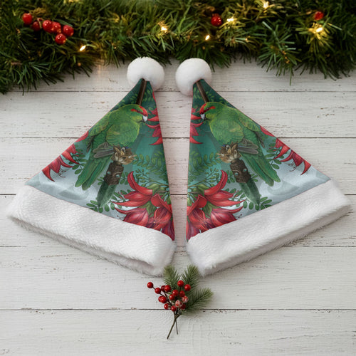 New Zealand Parakeet Bird Christmas Santa Hat With Kakabeak Flowers