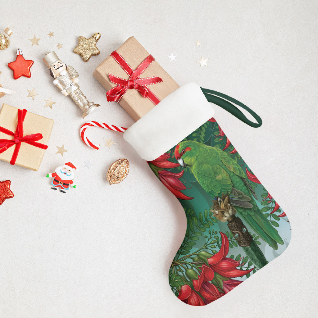 New Zealand Parakeet Bird Christmas Stocking With Kakabeak Flowers
