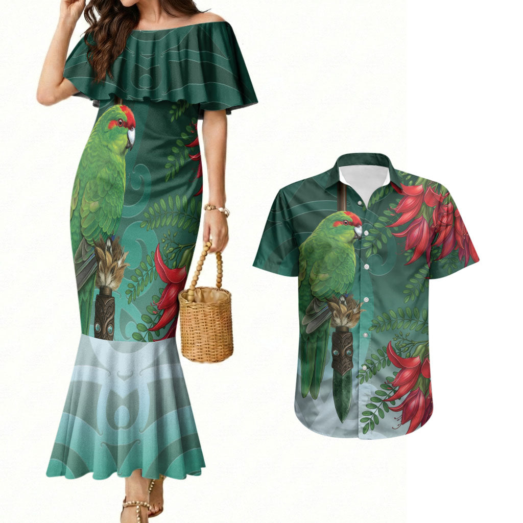 New Zealand Parakeet Bird Couples Matching Mermaid Dress and Hawaiian Shirt With Kakabeak Flowers