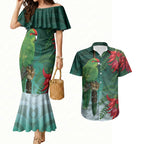 New Zealand Parakeet Bird Couples Matching Mermaid Dress and Hawaiian Shirt With Kakabeak Flowers