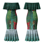 New Zealand Parakeet Bird Couples Matching Mermaid Dress and Hawaiian Shirt With Kakabeak Flowers
