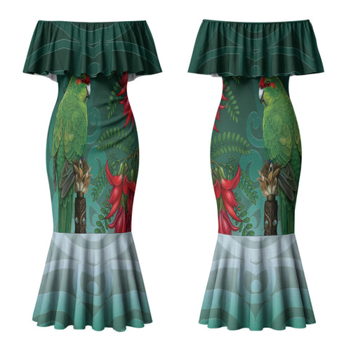 New Zealand Parakeet Bird Couples Matching Mermaid Dress and Long Sleeve Button Shirt With Kakabeak Flowers