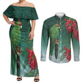 New Zealand Parakeet Bird Couples Matching Off Shoulder Maxi Dress and Long Sleeve Button Shirt With Kakabeak Flowers